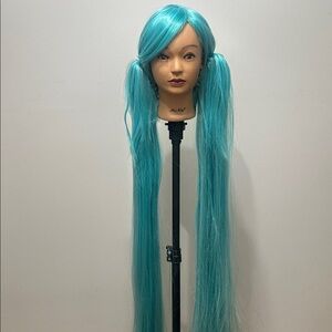 Long Straight Twin Ponytail Wig - Aqua Blue